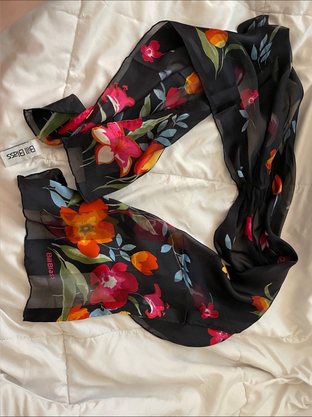 bill blass Vintage Black Silk Scarf with Red and Orange Floral Design